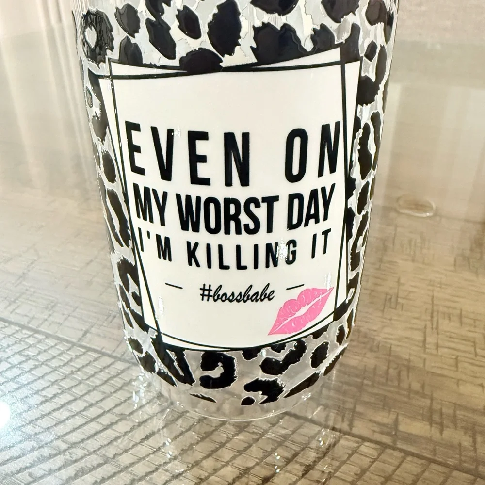 Handmade glass 16 ounce Motivational Leopard cup Tumbler black gift extra lid